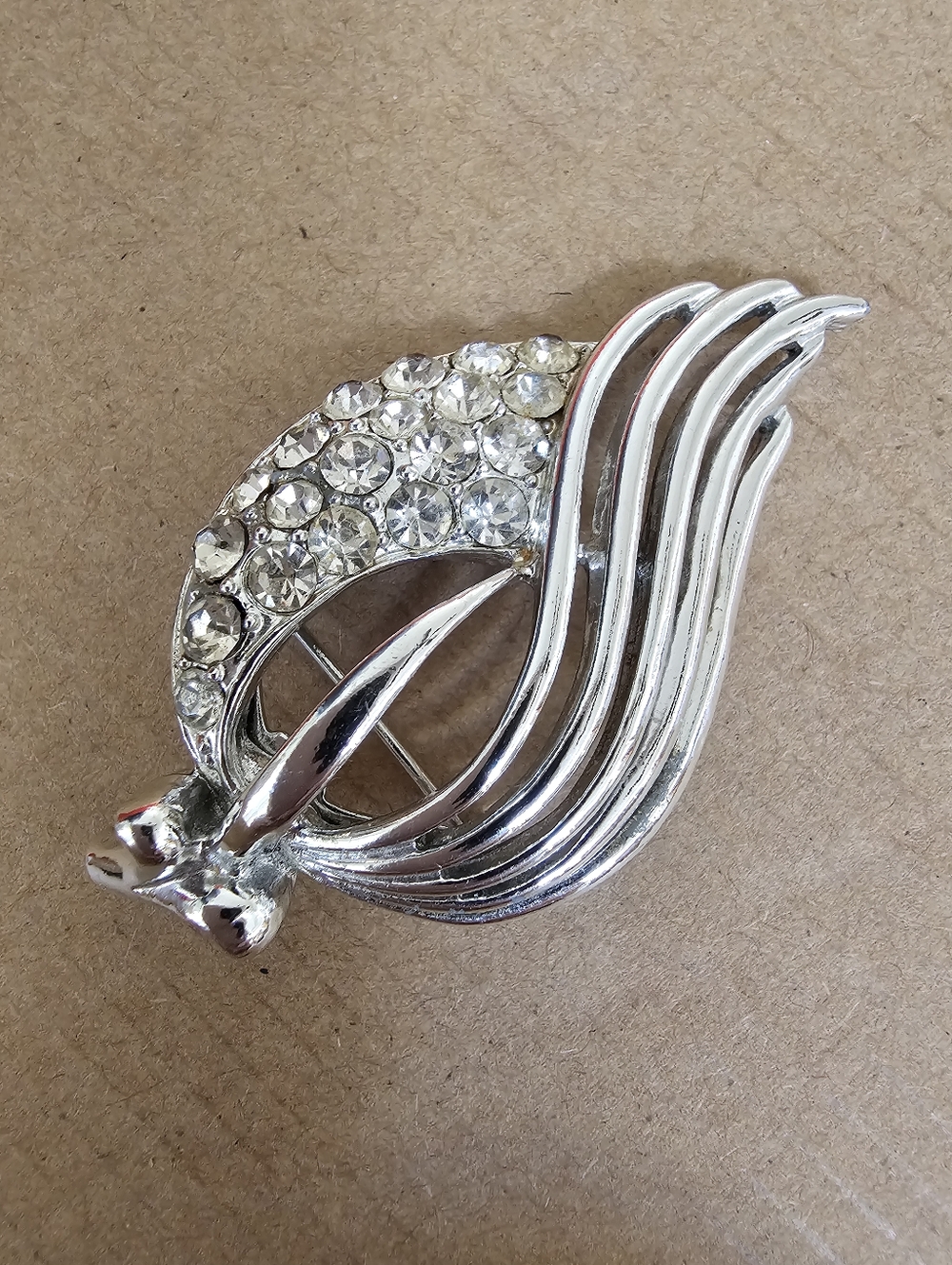 Vintage Coro Silver Crystal Wing Brooch